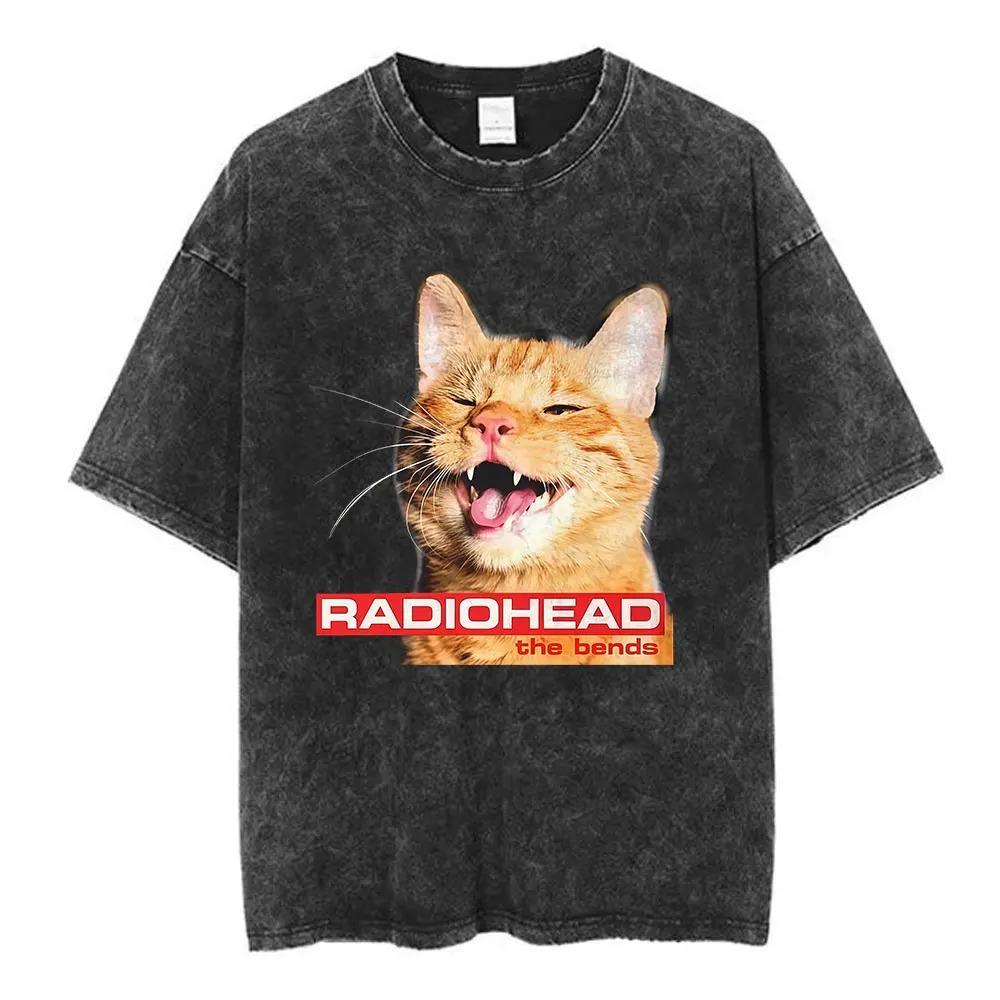 Рок-группа Radiohead The Bend Забавная кошка Графический принт Футболка Мужская Женская Винтажная Стирка Круглый вырез Хлопок Уличная мода Хип-хоп Харадзюку Мода Оверсайз Топ