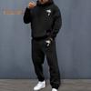 Мужской костюм с капюшоном и брюками, уличный, с плюшевой подкладкой, большой размер, свободный спортивный костюм для улицы, однотонный зимний спортивный костюм, комплект из брюк с завязками на щиколотках
