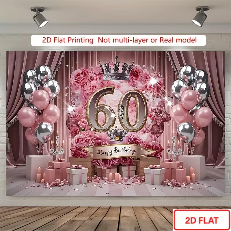 2D 2D Flat Printing Pink Silver 60th Happy Birthday Backdrop for Photo Booth