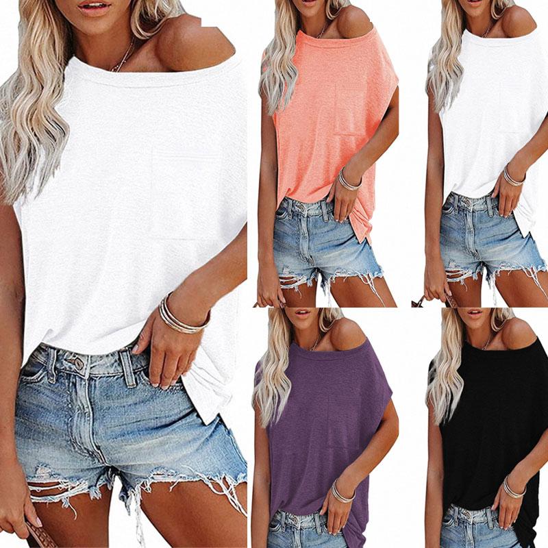 Летний женский топ, однотонная футболка с круглым вырезом и открытыми плечами, карманами и короткими рукавами