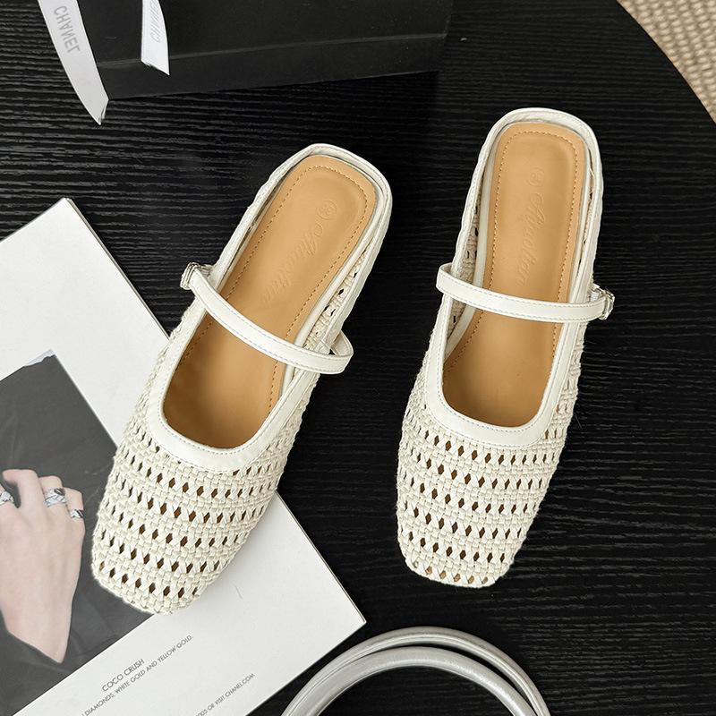 Baotou Half-drag Women's Summer Thick Heels Woven Hollowed-out Mary Jane Cool Slippers Women's Outer Wear Women's Shoes