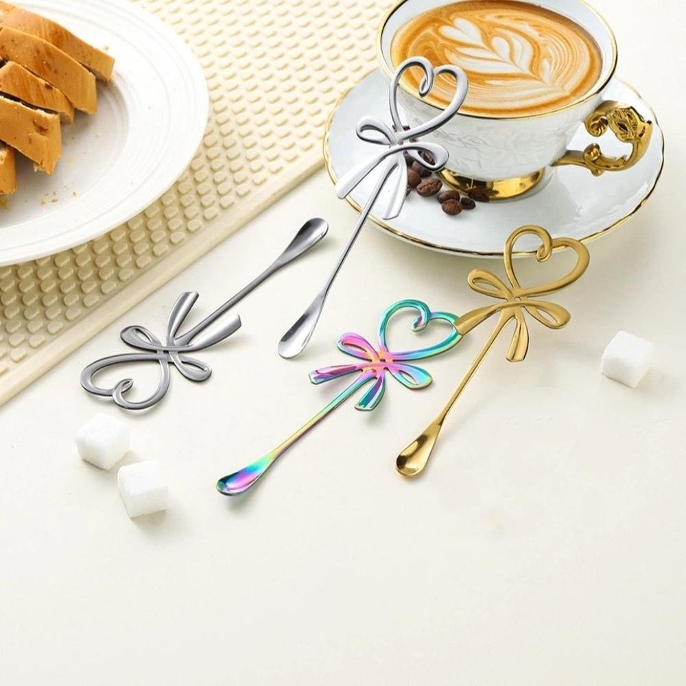 6PCS Stainless Steel Heart Shaped Spoon Long Handle Bow Knot Mini Coffee Spoon Hanging Spoon Dessert Spoon Wedding Party