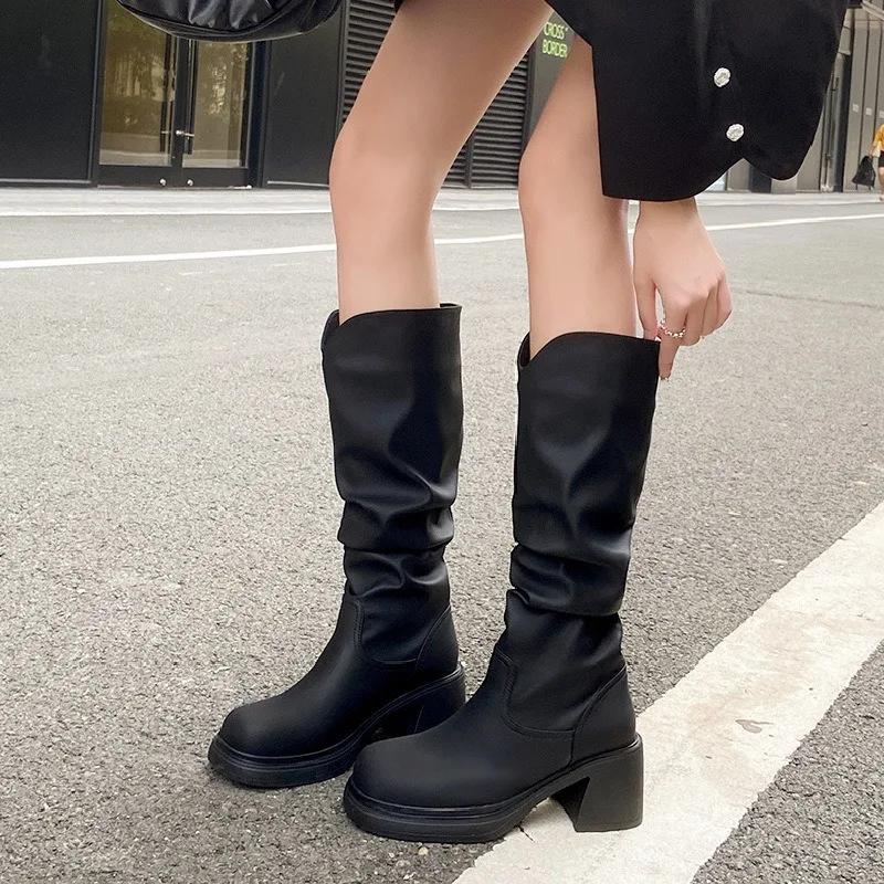 Мода Новая Мода Современные Сапоги Женские Туфли на Толстом Высоком Каблуке Черный/Хаки Круглый Носок Натуральная Кожа Плиссированные Сапоги до Колена Слипоны Сапоги Рыцаря