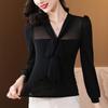 New Spring and Autumn Fashion Temperament Mesh V-neck Lace Up Slightly Foreign and Slim Fit Versatile Women's Shirt