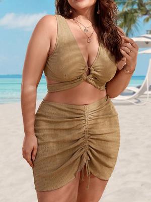 2024 однотонный комплект из 3 предметов с высокой талией, комплект бикини больших размеров, женский купальник с пуш-ап на бретельках, большой купальный костюм для пухленьких женщин