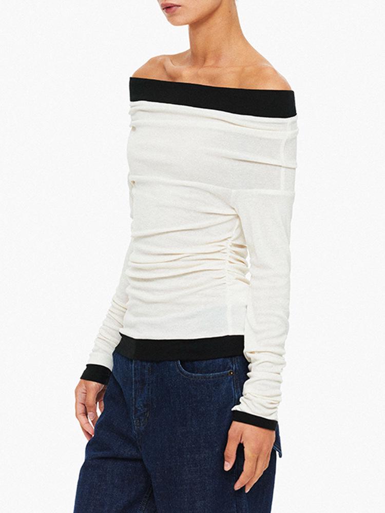 Tencel Wool Y2K Off-Shoulder Color Block Slimming Stacked Sleeve Panelled Top for Women