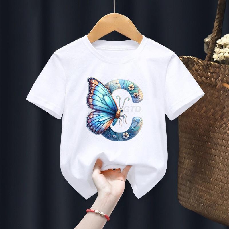 Alphabet Design Girl T-shirt Outfits Watercolor Butterfly Flower Letters T-shirts for Toddler Girl Initials Floral Top