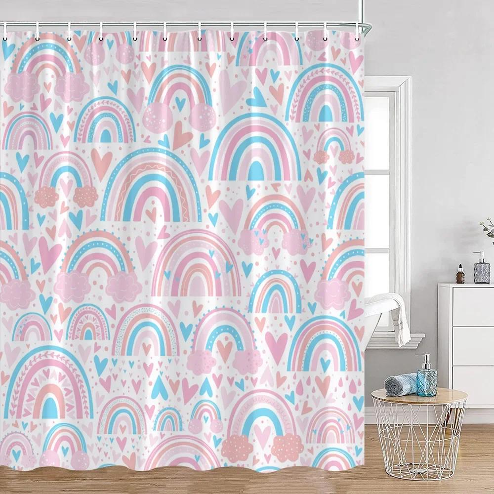 Cute Rainbow Heart Pattern Shower Curtain Children's Simple Modern Bathtub Decorative Polyester Bathroom Shower Curtain