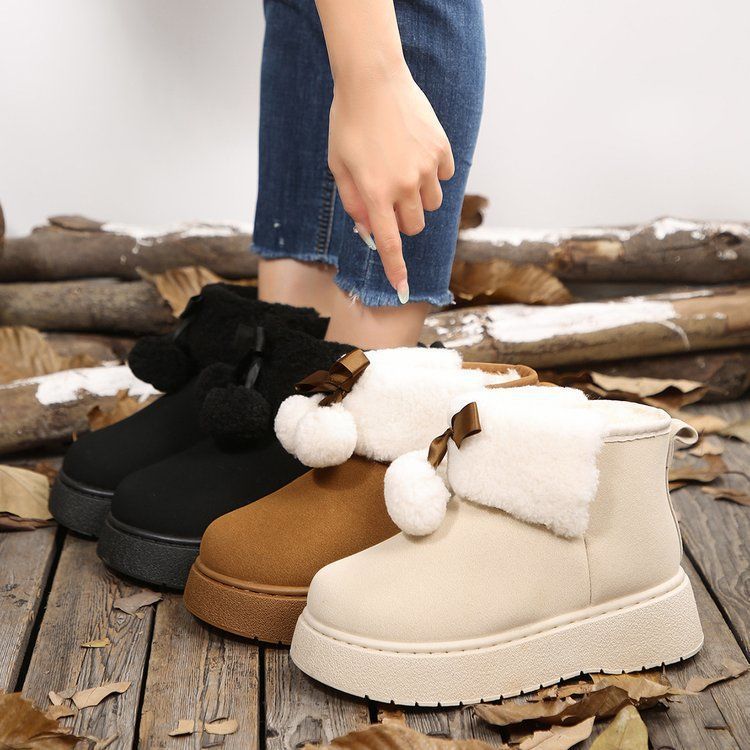 New Snow Boots Women's Winter Fur Integrated Height Increase Waterproof Cute Plush Thickened Hairball Short Boots