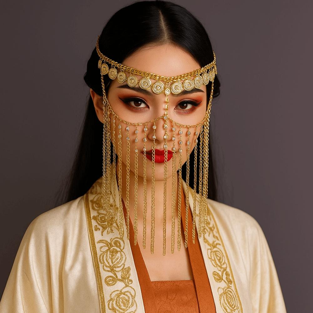 Gold Belly Dance Face Veil Coin Bell Masquerade Mask Fashion Curtain Head Chain  Hair Accessories