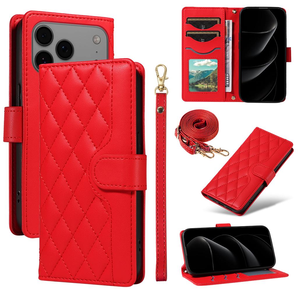 For iPhone 17 Pro Max Wallet Case Rhombus Leather Phone Cover with Strap