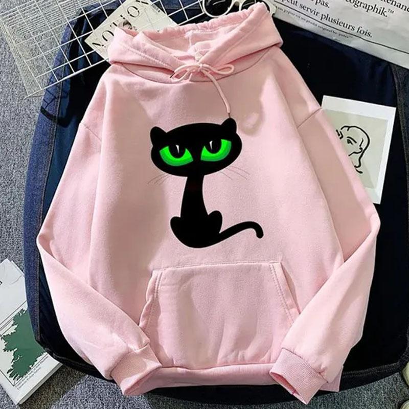 Женские модные толстовки, повседневный топ с длинными рукавами и карманами, пуловер, свободная толстовка, весенне-осенние блузки, толстовка с принтом кота