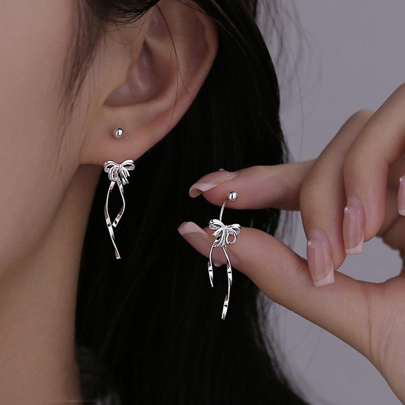 Ribbon Bow Earrings Delicate Girly Internet Celebrity Tassel Screw Earrings First Love Complex Long Ribbon Earrings
