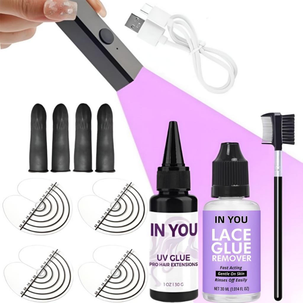 Professional All-in-One UV Hair Extension Tool Kit, Clear 30g UV Glue, 30ml Remover, Fast Curing UV Lamp for Wig Eyelashes Salon Home Hairdresser Use