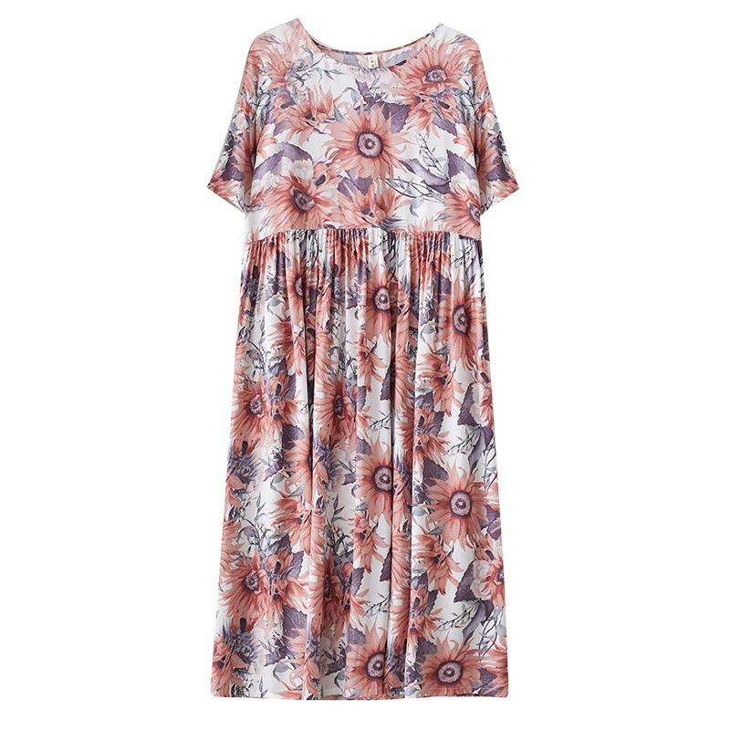 Простое модное длинное платье с летним принтом и короткими рукавами и круглым вырезом