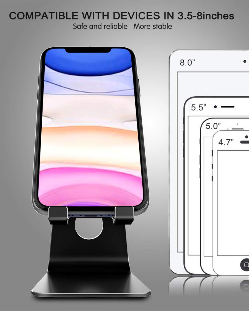 Adjustable Aluminum Cell Phone Stand, for iPhone XS Max/XR/8/7/6/6s Plus/SE, Compatible with All Phones & Charging