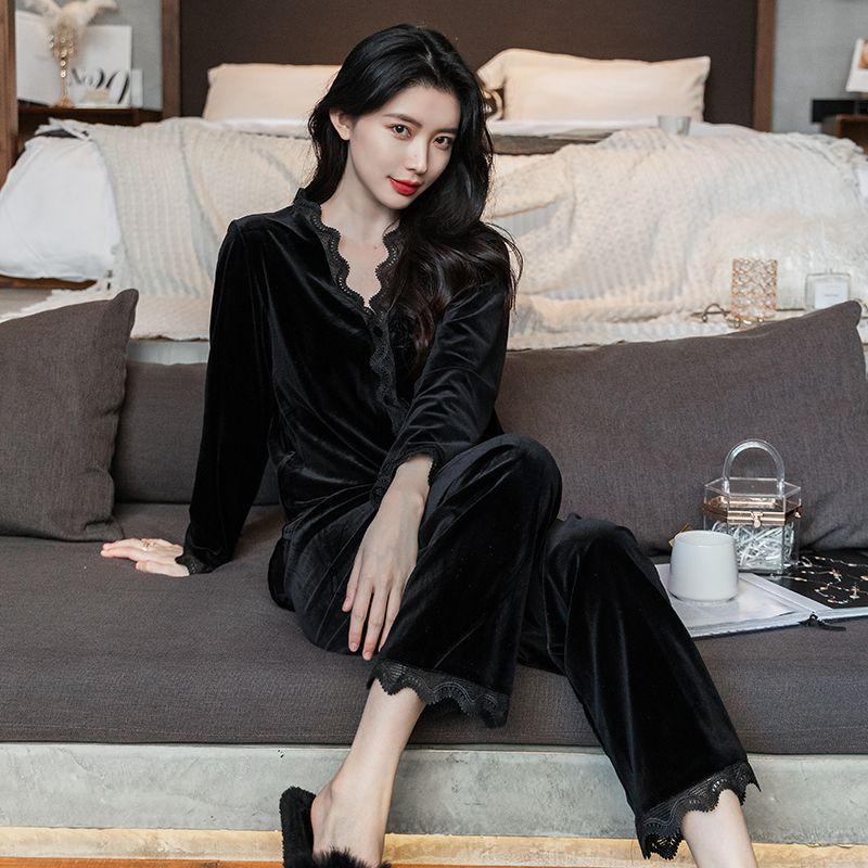 Womens Velvet Pajamas Set Long Sleeve Button Up Sleepwear Soft Two Piece Lace Ruffles Autumn Winter Spring