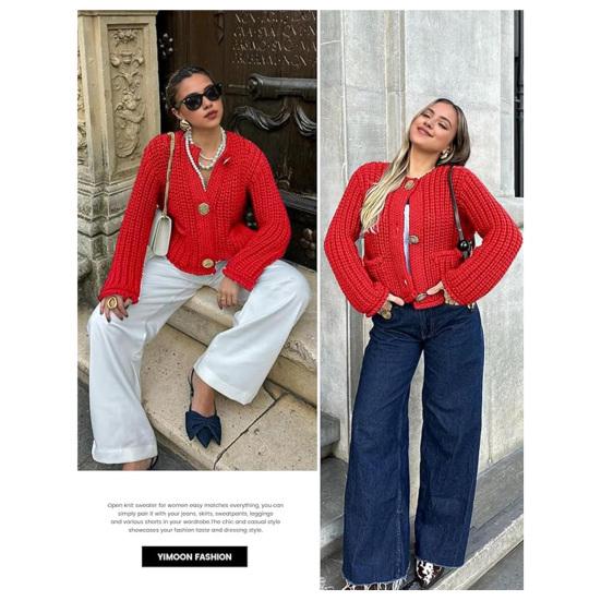 Вязаный укороченный кардиган, свитер с V-образным вырезом, длинным рукавом, на пуговицах, свободный крой, свитер, пальто с карманами, однотонный трикотаж