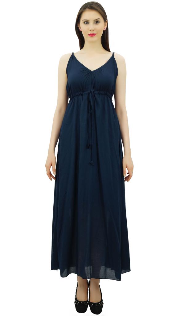 Bimba Women's Long Maxi Cotton Beach Dress Drawstring Waist Strappy Resort