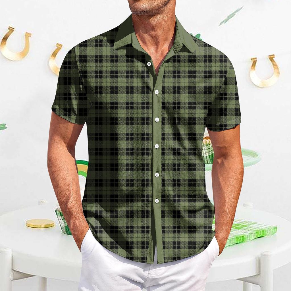 Мужская повседневная рубашка с короткими рукавами, приталенная, модная, с принтом в клетку