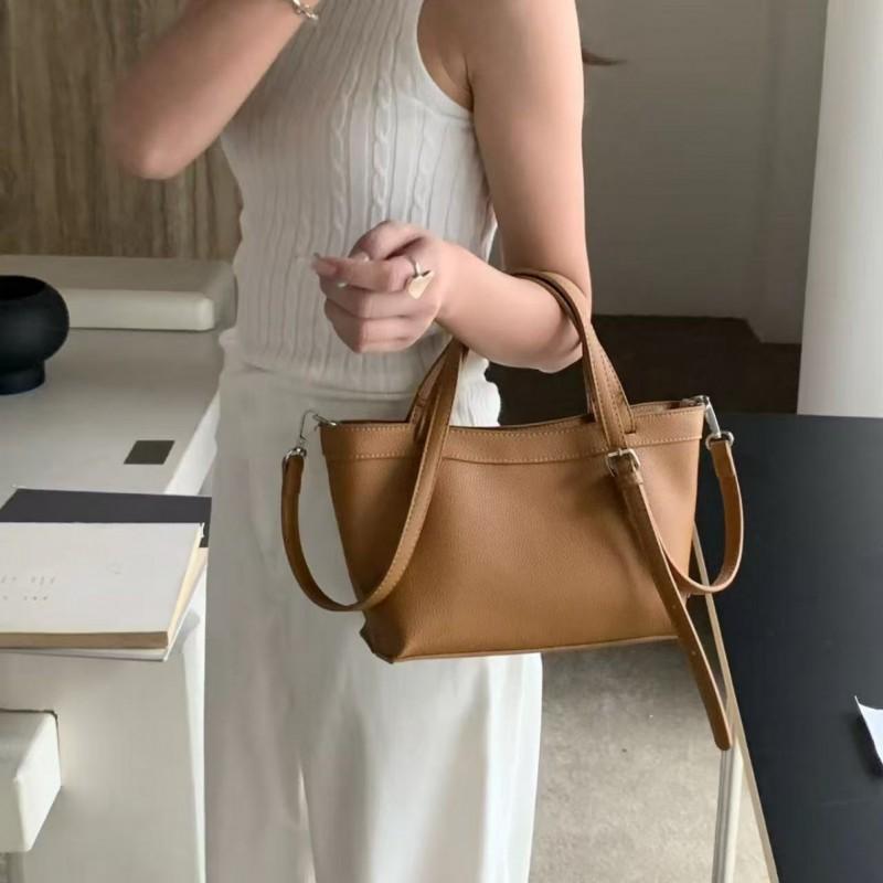 Minimalist PU Leather Bucket Tote Bag Women Small Daily Use Crossbody Shoulder Office Commute Stylish