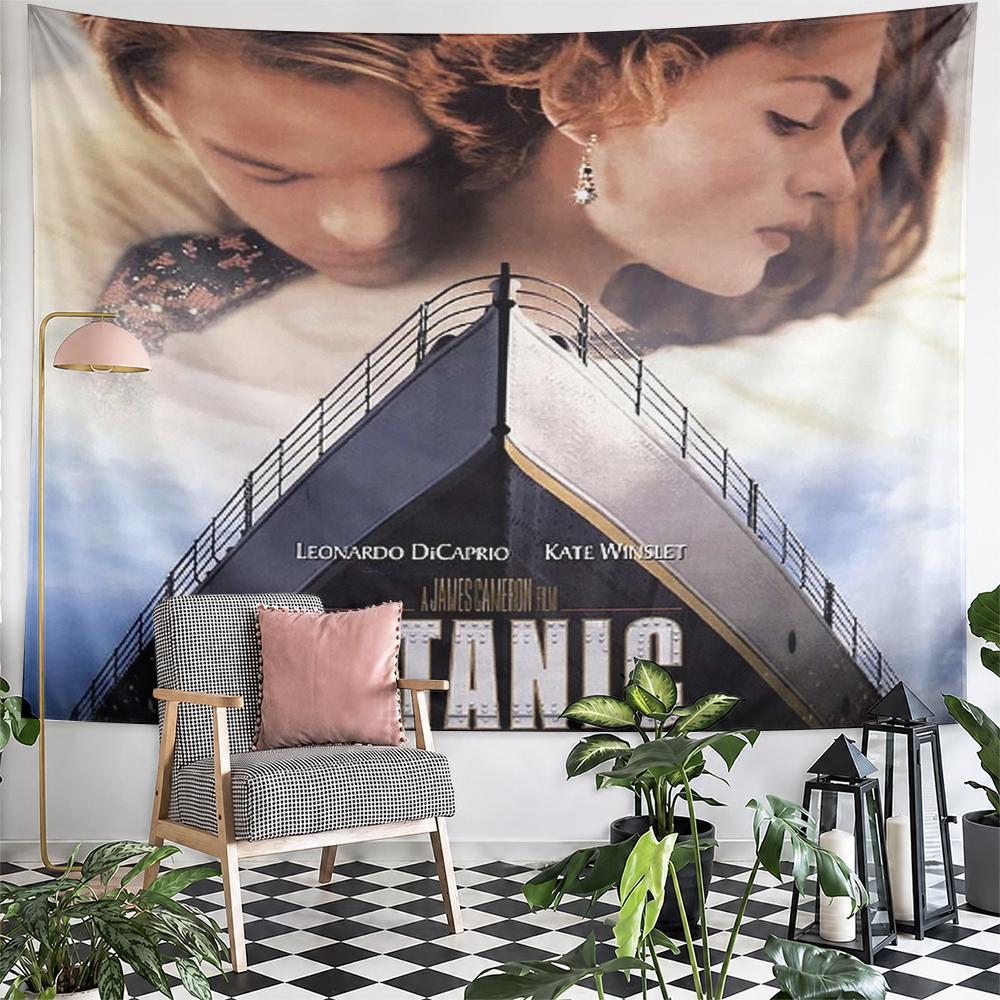 Horizontal Tapestry Titanic Poster Couple Ship Bow Clouds, Blue Beige, Wide Decor for Adult Fan Dorm Gift