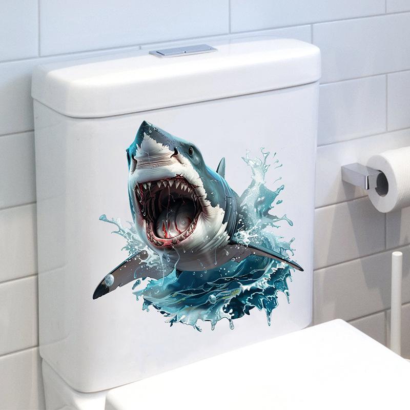 3D Наклейка на стену с акулой Водонепроницаемая самоклеящаяся наклейка для декора ванной и спальни