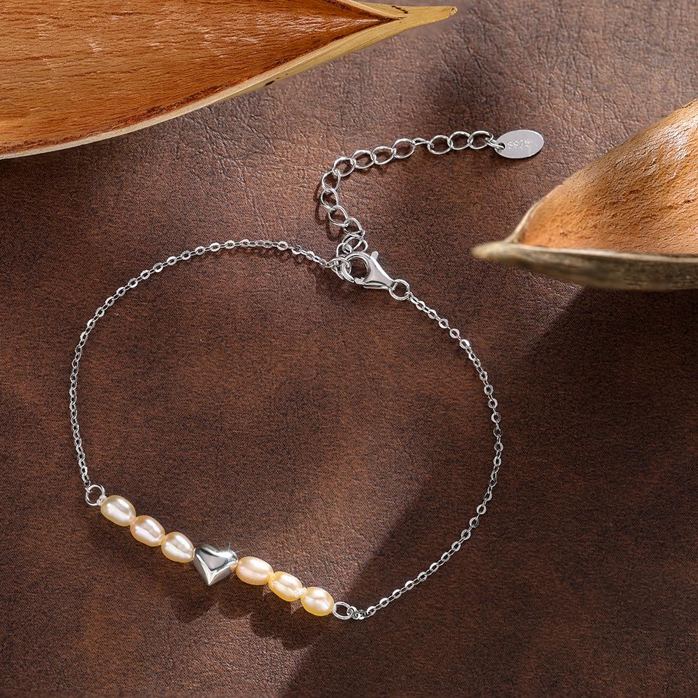 Freshwater Pearl Heart Bracelet Rose Gold Tone 925 Sterling Silver Adjustable Minimal Chic Jewelry for Women