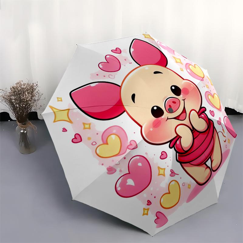Cute Piglet,Hearts,Cartoon Style Theme Automatic Compact Folding Cute Umbrella - Portable and Durable, 8-Bone Iron Umbrella for All Weather0