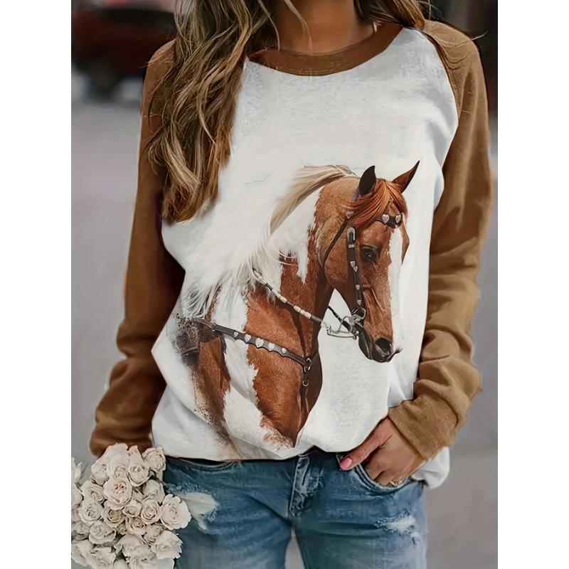 Trendy Horse Print Womens Sweatshirt Comfortable Long Sleeve Crew Neck Pullover for Fall & Winter Stylish Casual Wear