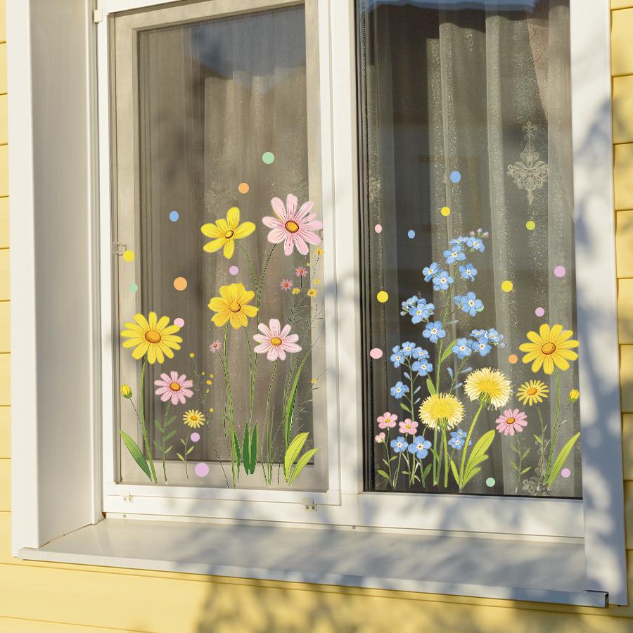 Static Window Clings For Kids Room Sunflowers Daisies Floral Wall Decals Reusable No Glue Window Stickers For Bedroom Home Decor