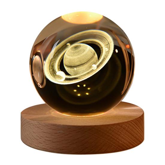 Ночной светильник из искусственного хрустального шара с деревянной основой, 3D-гравировка Солнечной системы, планета, прозрачная сфера