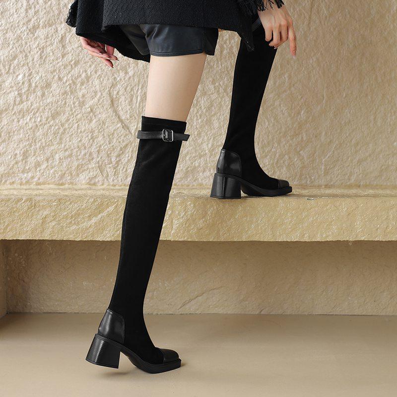 Krazing Pot Осенне-зимняя обувь из микрофибры, эластичные сапоги большого размера с квадратным носком, сохраняющие тепло, на молнии, размер 43, выше колена