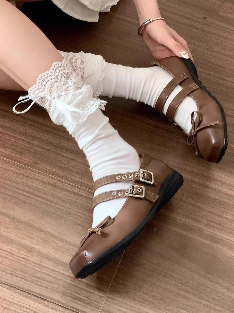 Lolita Lace Frill Mid-Calf Socks with Bow Ribbon - White Ballet Style JK Knee-Highs for Spring & Autumn