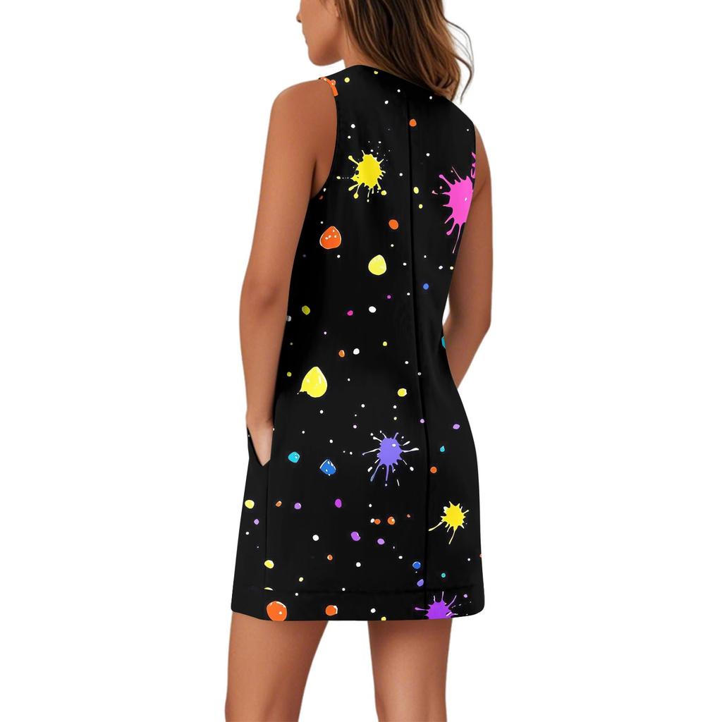 Женский сарафан с V-образным вырезом, без рукавов, повседневное платье с геометрическим принтом и карманами