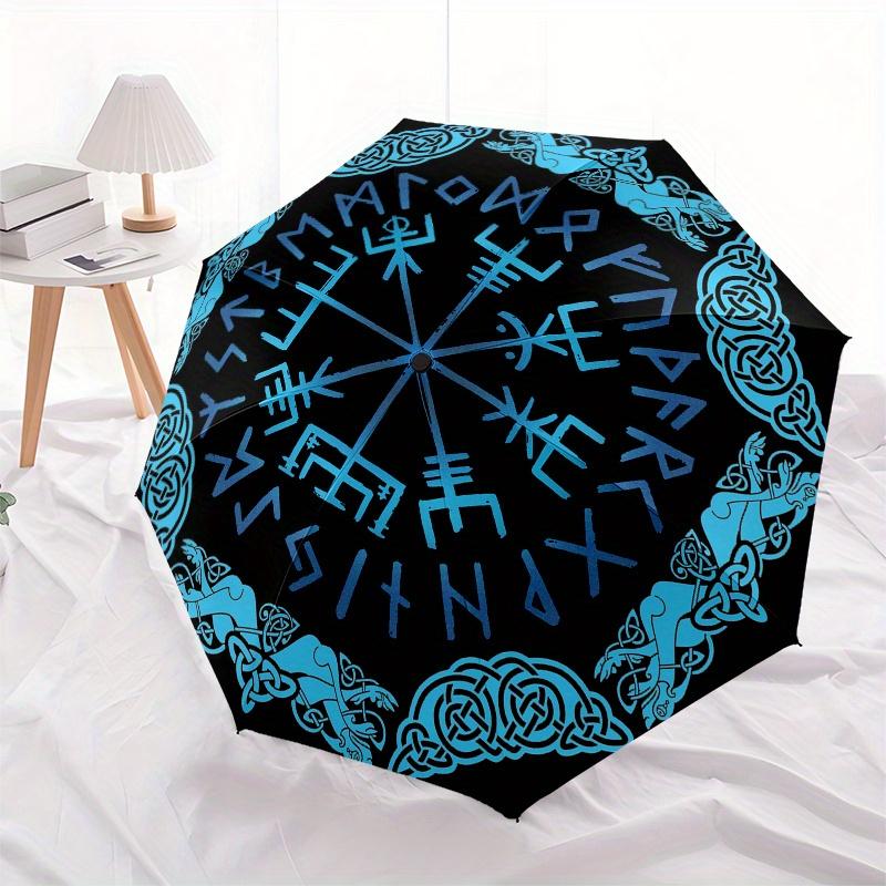 Viking Vegvisir Compass Norse Runes Umbrella - 3-Fold Compact Automatic Open/Close, 8-Rib Windproof Design with Blue Viking Ru