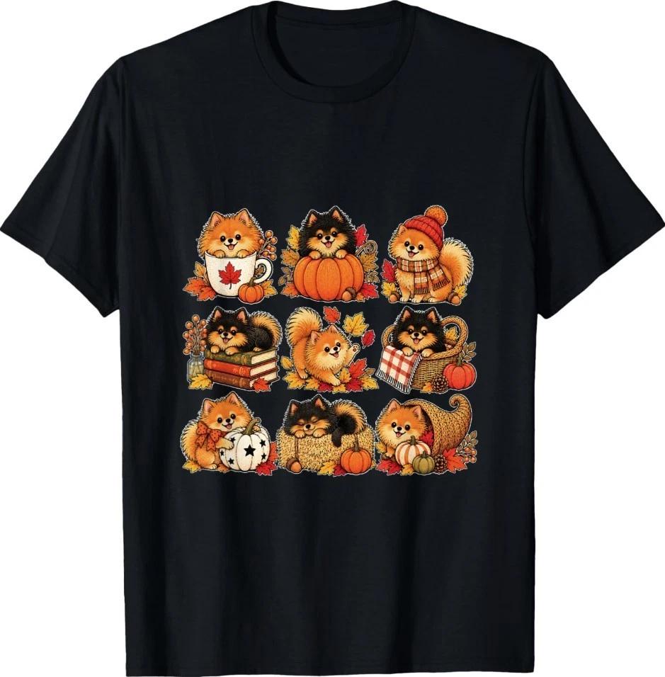 Pomeranian Cute Autumn Pumpkin and Fall Leaves Art T-Shirt