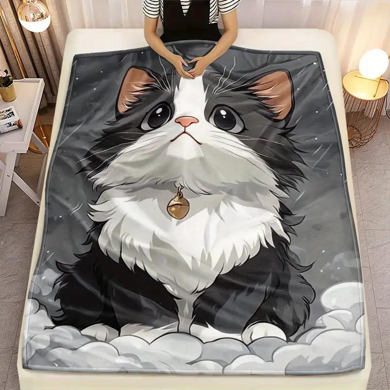 Cat Portrait Flannel Blanket - Lightweight, Soft and Warm for Sofa, Travel, Bed and Office, Christmas and Halloween