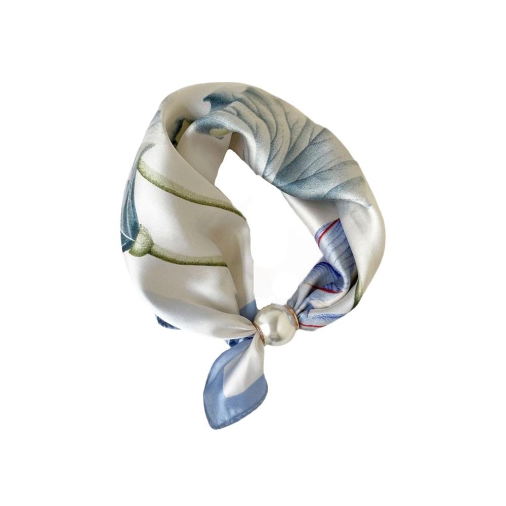 Breathable Silk Scarf Lightweight Printed Neck Scarf Elegant Pearl Buckle Scarf Women