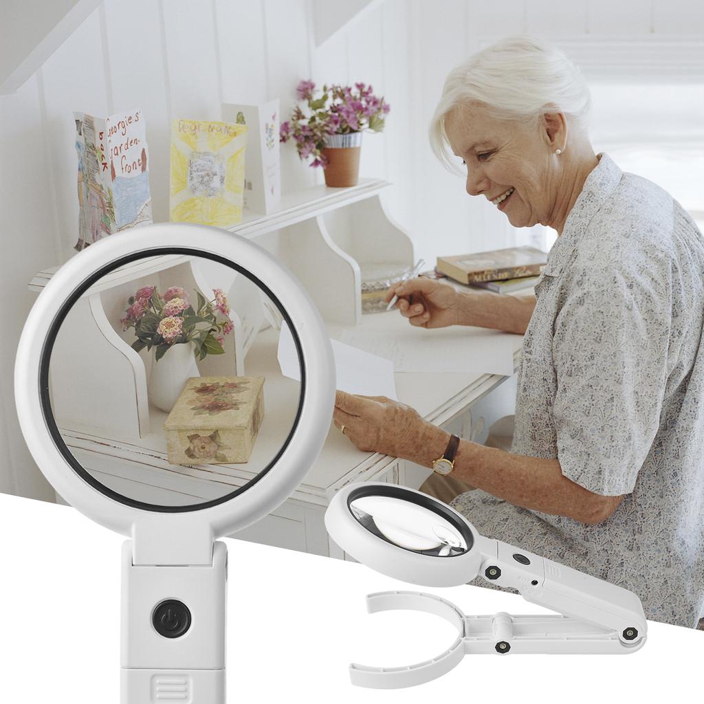 5X/10X Handheld Desk Magnifier with LED Light and Stand USB Powered Illuminated Magnifying Glass