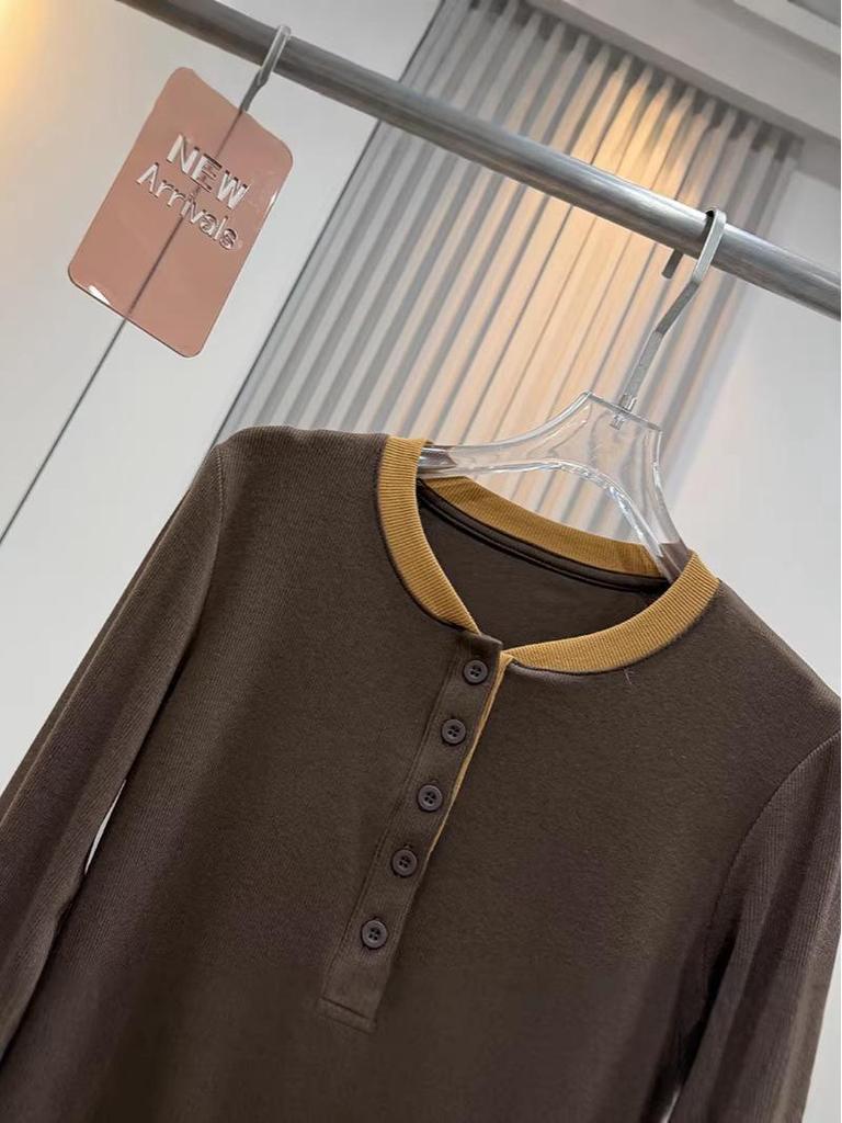 Осенняя облегающая футболка-henley с длинным рукавом, color-block, имитация двух предметов, для женщин