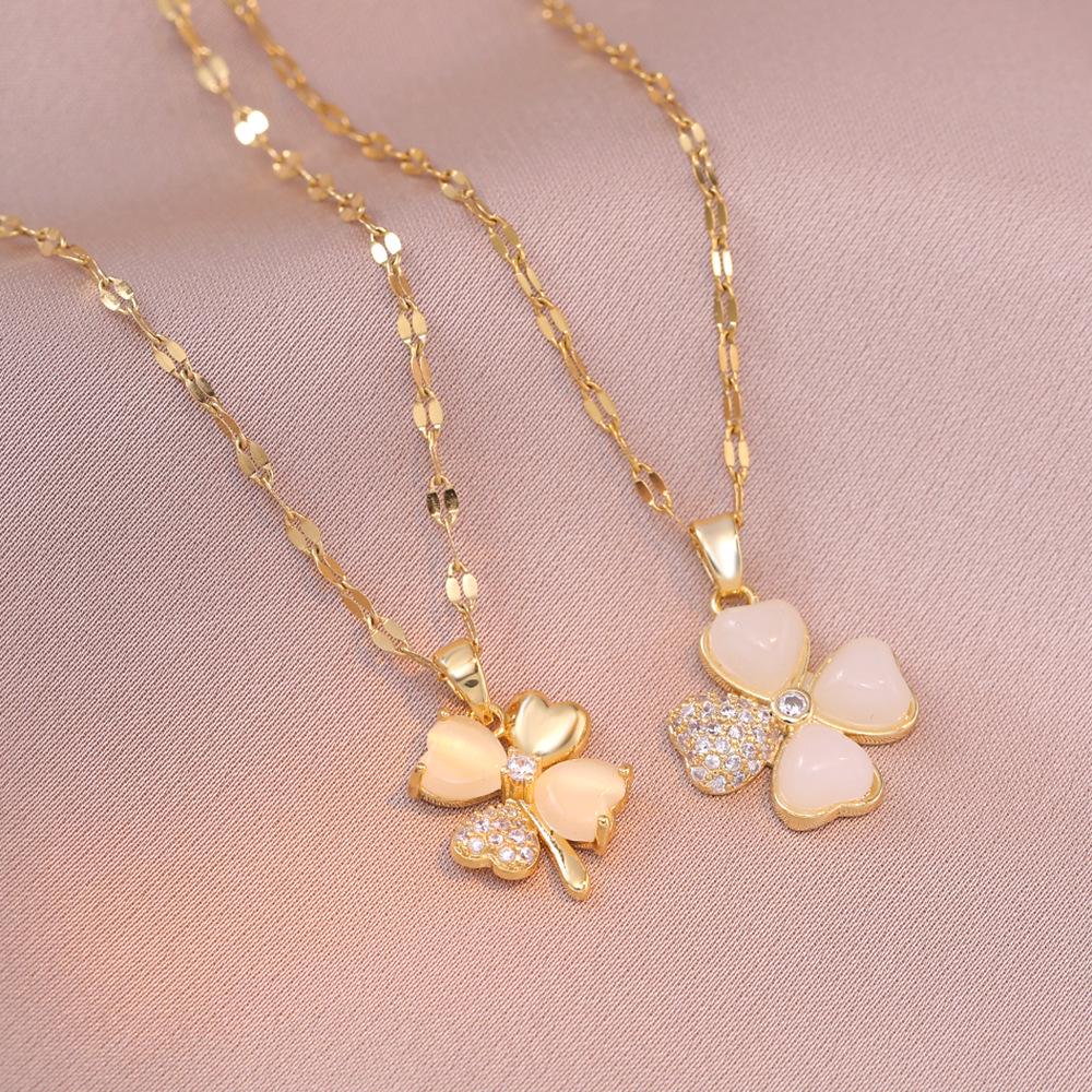 Женское ожерелье из титановой стали - Подвеска в виде четырехлистного цветка циркония и камня "кошачий глаз", новый дизайн.