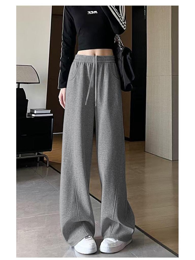 2025 Women's Gray High-Waist Curved Wide-Leg Sweatpants - Autumn/Winter Casual Loose Fit