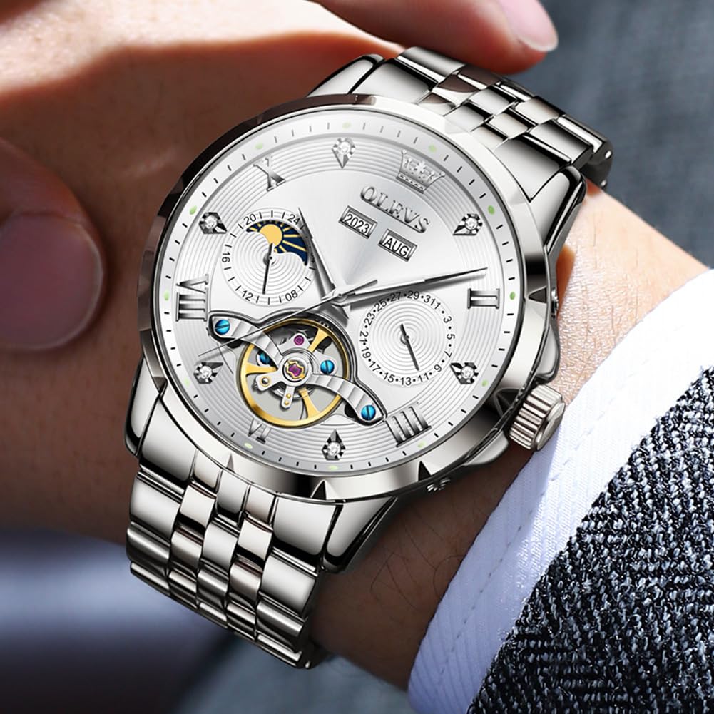OLEVS Механические автоматические часы с фазами Луны, стильные, водонепроницаемые, популярные, светящиеся, мужские, белые