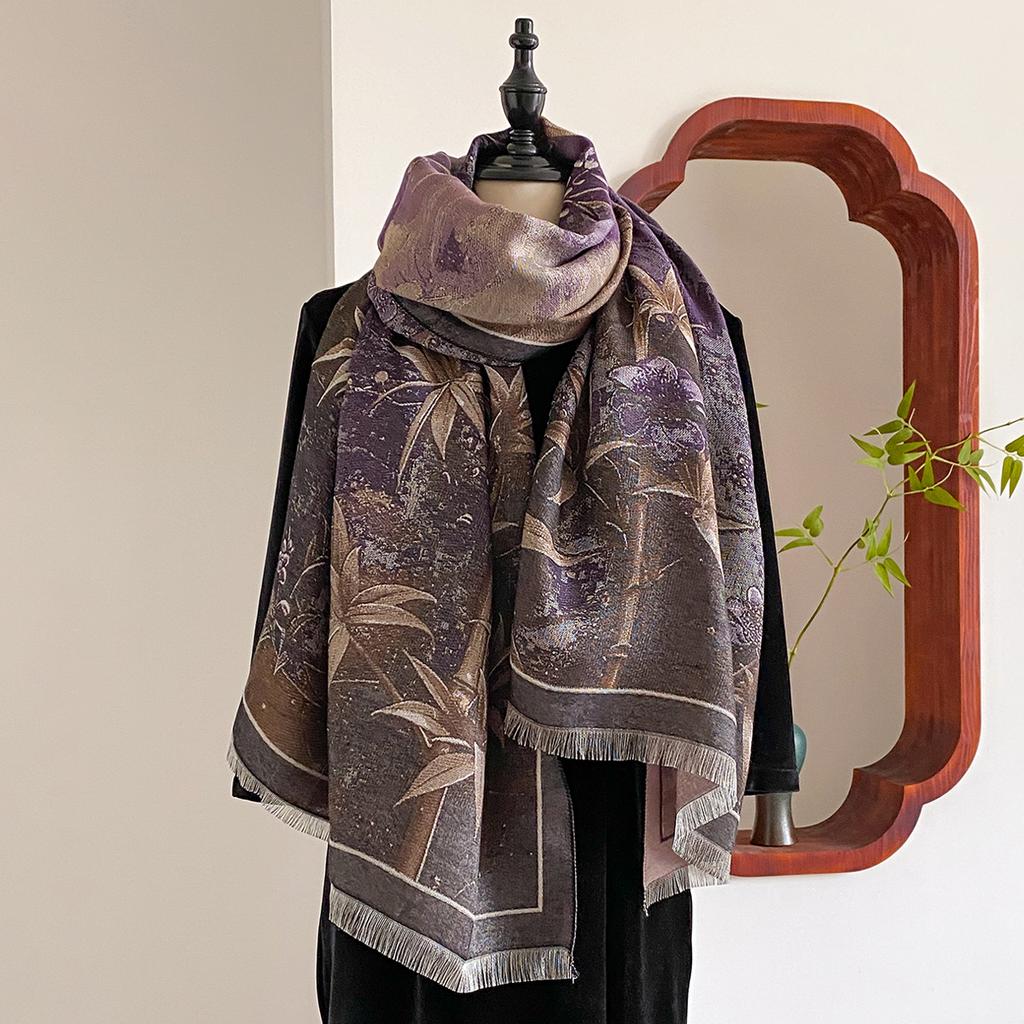 Новая элегантность Китайский стиль Женский шарф Мягкая теплая пашмина Принт бамбука Шаль Зимний Женский Защита от холода Ветрозащитный Шарф-одеяло