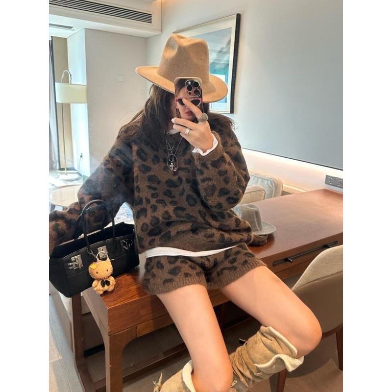 Women Brown Leopard Print Two Piece Set Long Sleeve Sweater And Shorts Casual Outfit