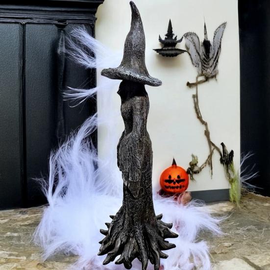 Halloween Tree Root Witch Statue Spooky Black Witch Figurine Resin