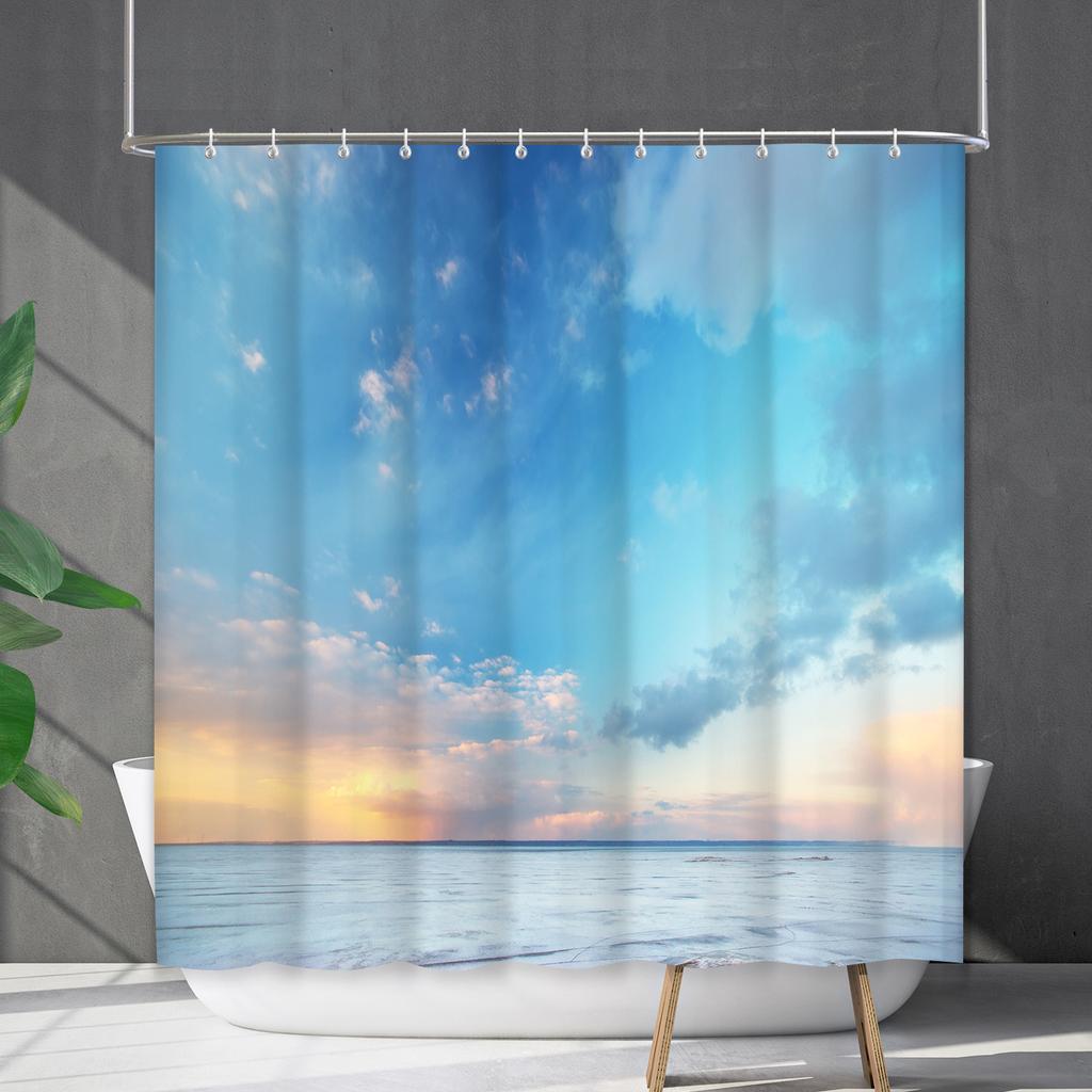 Shower Curtain Waterproof And Mildew-Proof Coconut Tree Beach Beach Bathroom Shower Curtain Shower Curtain Partition Curtain Free Punching