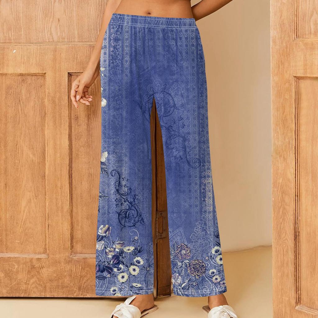 Женские повседневные брюки прямого кроя с эластичным поясом и принтом