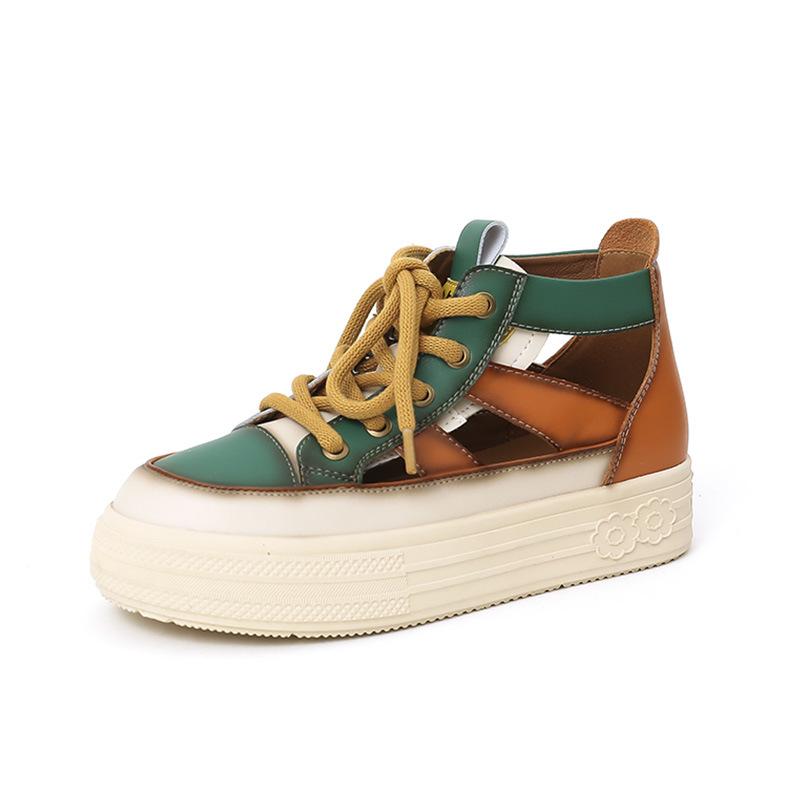 Кожаные сандалии женские 2025 лето новые женские ретро знаменитый стиль контрастный цвет сумка голова сандалии высокий верх полые женские туфли